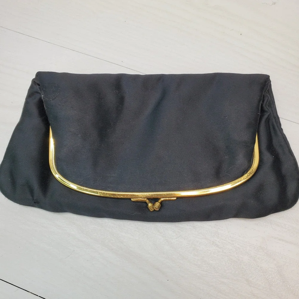 Vintage Coblentz‎ Original Black Satin Clutch Evening Bag Gold Frame